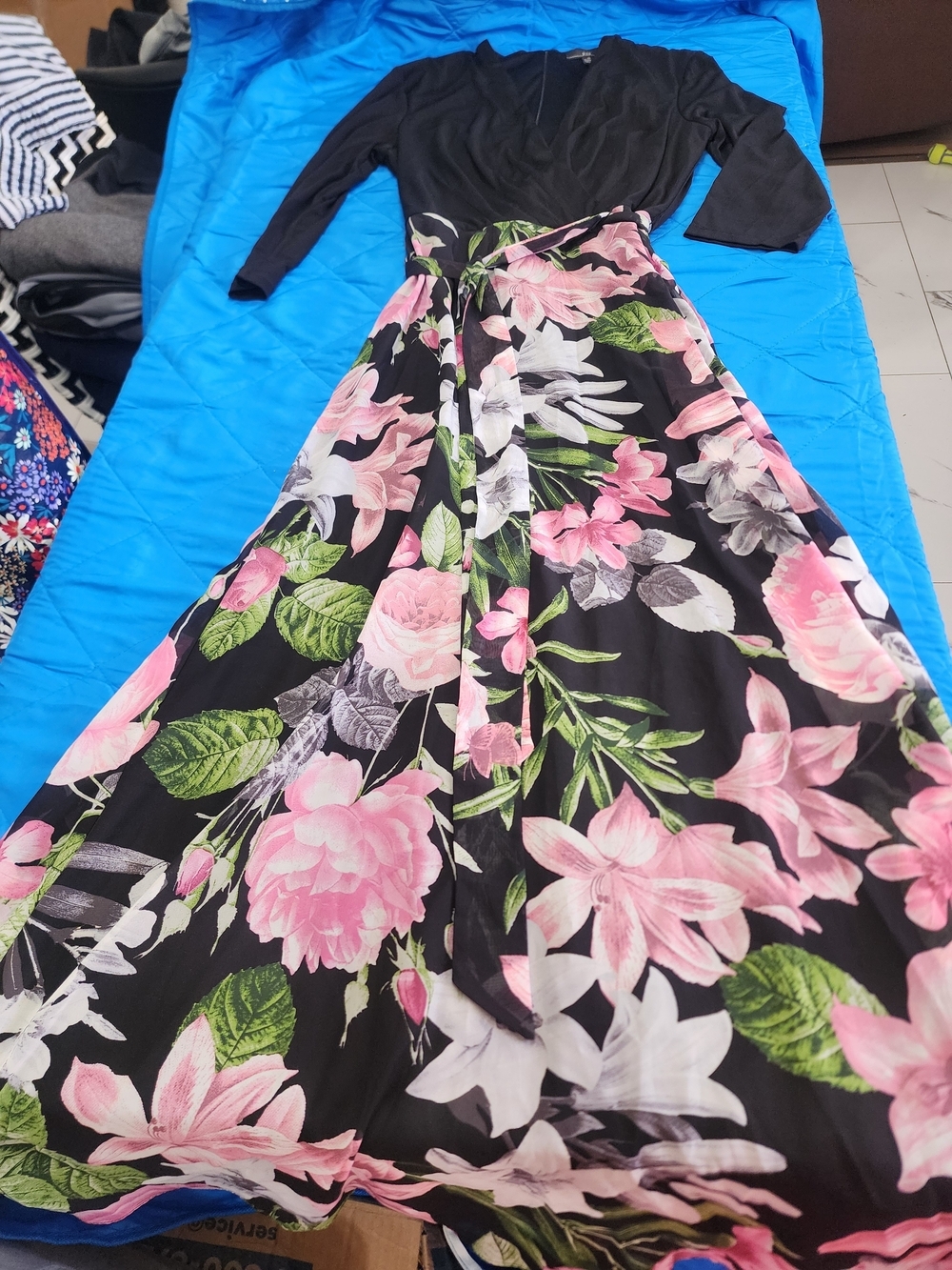 R&K Black Wrap Maxi Dress with Pink Floral Print